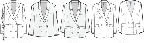 Women V-Neck Blazer, Double Breasted Blazer  Sets Fashion Illustration, Vector, CAD, Technical Drawing, Flat Drawing, Template, Mockup.	