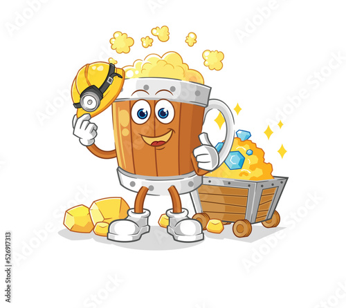 beer mug miner with gold character. cartoon mascot vector