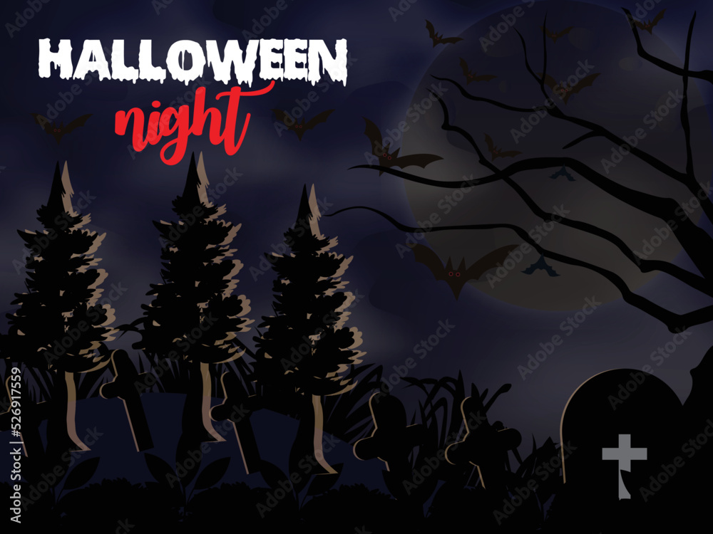 Halloween background with various trees, bats, grave and flying bats.
