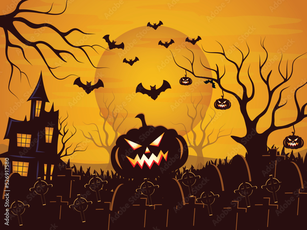 Happy halloween background with haunted house, lanterns at trees cemetery and flying bats at sunset.