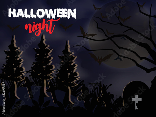 Halloween background with various trees, bats, grave and flying bats.