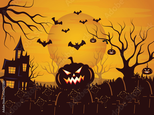 Happy halloween background with haunted house  lanterns at trees cemetery and flying bats at sunset.