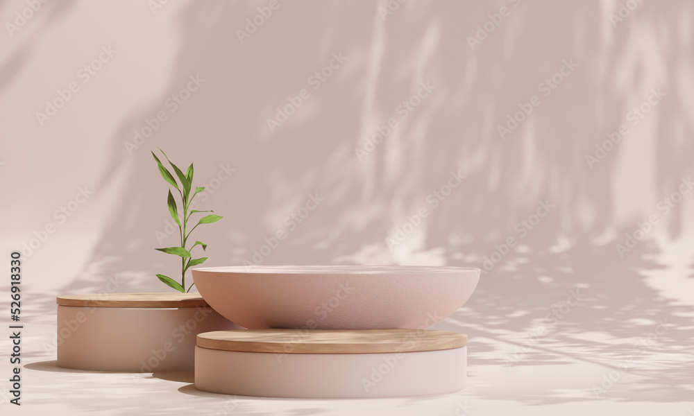 podium with rounded wood for product presentation. Natural beauty pedestal, 3d illustration.