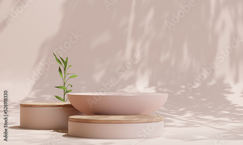 podium with rounded wood for product presentation. Natural beauty pedestal  3d illustration.