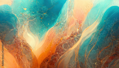 Abstract luxury marble background. Digital art marbling texture. Turquoise, orange and yellow colors