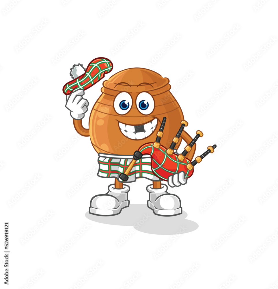 clay pot scottish with bagpipes vector. cartoon character