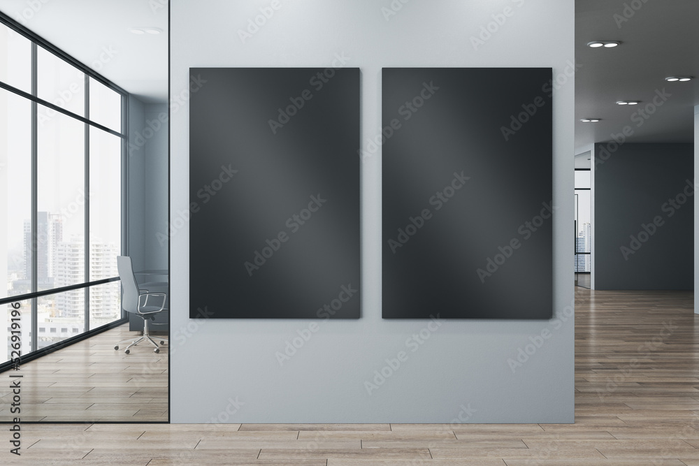 Modern new office corridor interior with glass windows and city view, wooden flooring and two empty black mock up posters on wall. Commercial and workplace, gallery concept. 3D Rendering. Modern new office corridor interior with glass windows and city view, wooden flooring and two empty black mock up posters on wall. Commercial and workplace, gallery concept. 3D Rendering.