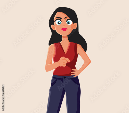 Angry Woman Pointing Fingers Accusing and Blaming Vector Illustration. Furious lady scolding and making a gesture of disapproval 
