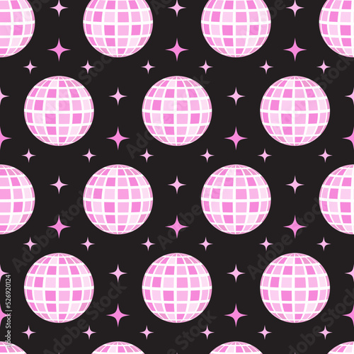 Pink groovy disco ball seamless pattern. Cute girly background in retro style.