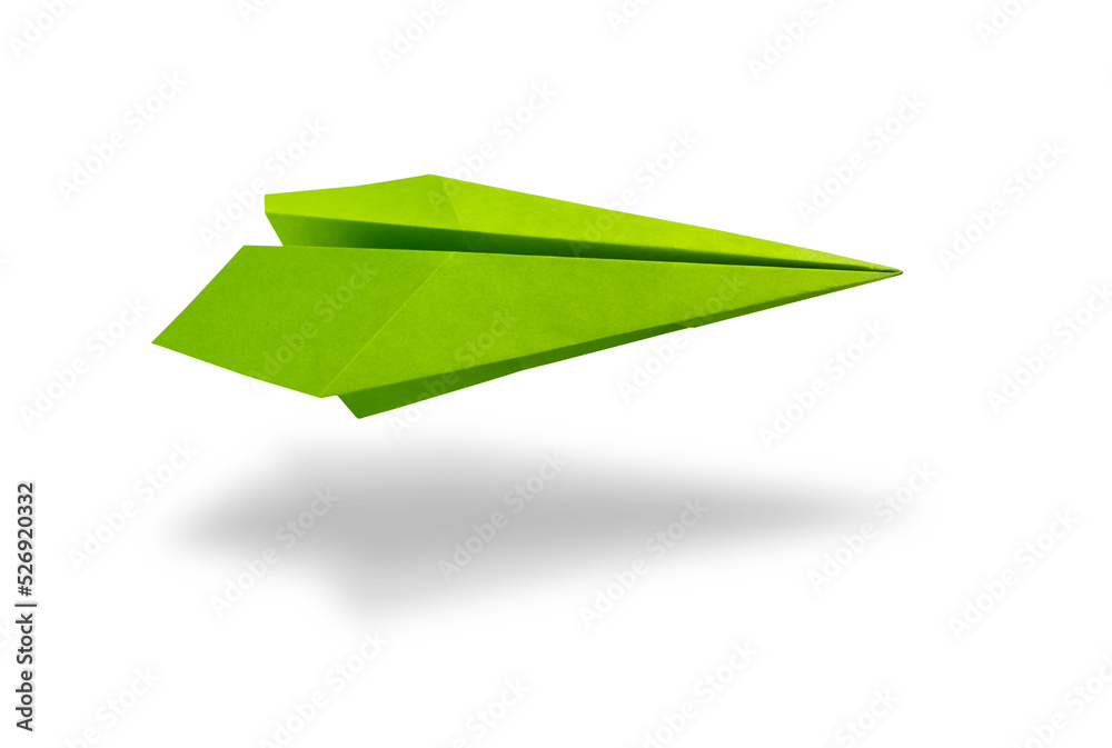 Green paper plane origami isolated on a white background
