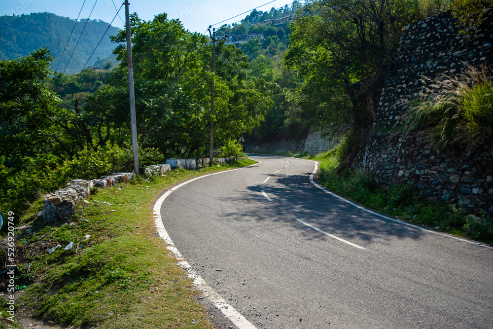 Curvy Road on the mountains of Tehri Garhwal, Uttarakhand. Tehri Lake is an artificial dam reservoir.