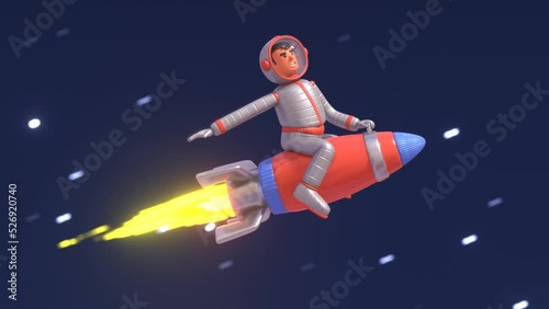 3d animation of spaceman sitting on rocket and flying in outer space