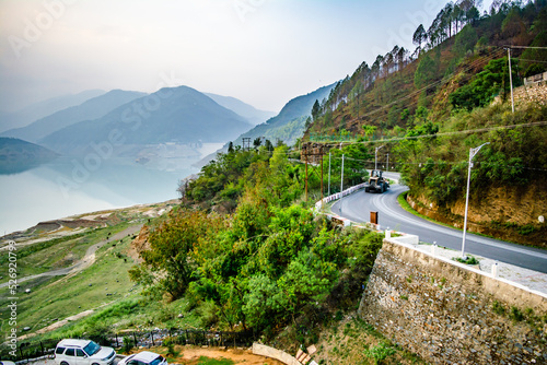 Curvy Road on the mountains of Tehri Garhwal, Uttarakhand. Tehri Lake is an artificial dam reservoir.