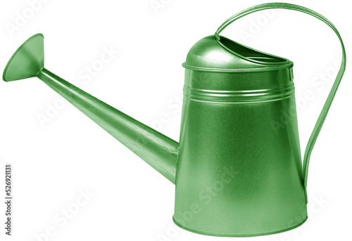 Green metal watering can isolated photo