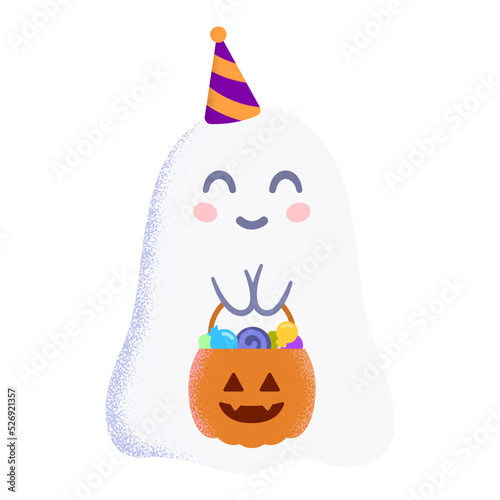 Funny Halloween ghost with in triangle party hat with pumpkin basket of colorful lollipops in hands on white background. Vector illustration