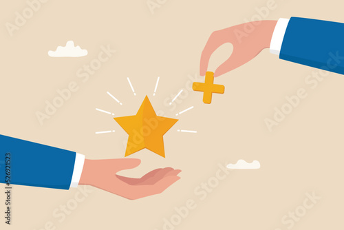 Value added, increase value or price of product to make profit, additional advantage or development for more benefit concept, businessman hand holding star value and another added plus sign to it.