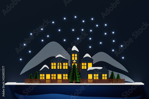 Merry Christmas and New Year 2023 holiday card, small town in winter paper collage and paper cut style with decorated Christmas tree and mountains in the background