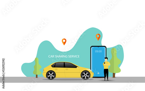 Vector Illustration of car sharing service or online transportation concept. People use smartphone to order online transportation car based on GPS. Modern Flat style design illustration 