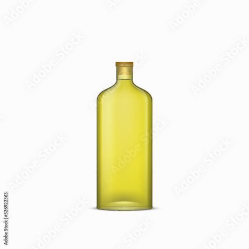 Realistic olive oil bottle, glass jar with cork metal lid. Extra virgin olive oil or vinegar package