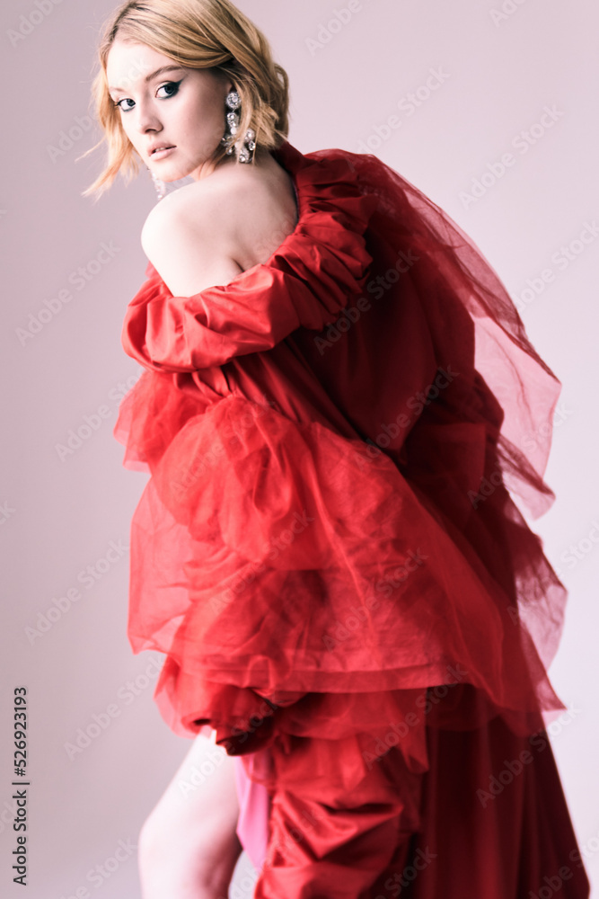 fashionable girl model in a red dress on a white background
fashionable girl model in a red dress on a white background