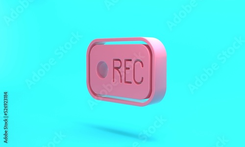 Pink Record button icon isolated on turquoise blue background. Rec button. Minimalism concept. 3D render illustration