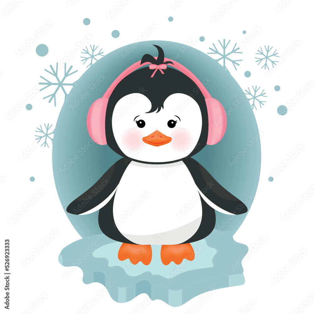 Obraz premium A little penguin girl wearing headphones. Cute, winter, vector illustration for postcards, covers, posters, invitations, packaging