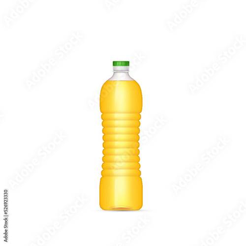 Realistic sunflower oil in template plastic bottle. Package of vegetable fat for food preparation