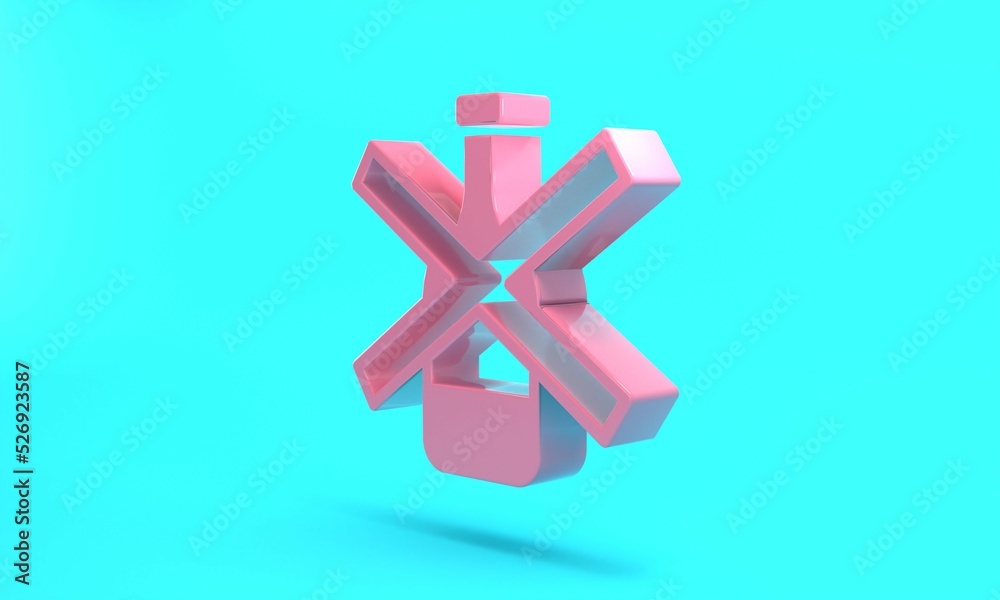 Pink No alcohol icon isolated on turquoise blue background. Prohibiting alcohol beverages. Forbidden symbol with beer bottle glass. Minimalism concept. 3D render illustration Pink No alcohol icon isolated on turquoise blue background. Prohibiting alcohol beverages. Forbidden symbol with beer bottle glass. Minimalism concept. 3D render illustration