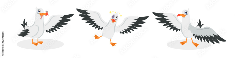 Vector illustration of cute and beautiful seagulls on white background. Charming characters in different poses found a worm, fell with a black eye after a blow, said hello in cartoon style. Vector illustration of cute and beautiful seagulls on white background. Charming characters in different poses found a worm, fell with a black eye after a blow, said hello in cartoon style.