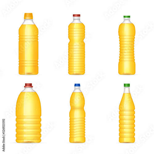 Bottle with vegetable oil. Realistic sunflower oil plastic bottles set. Food and ingredients