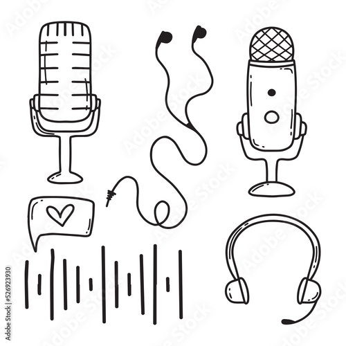 Podcast set. Vector illustration. Doodle style. Collection for broadcasting. Microphones and headphones.