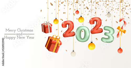 Merry Christmas and Happy New Year banner. Realistic 3d trending elements for Christmas design isolated on light background. Holiday banner, web poster, greeting card. Vector illustration