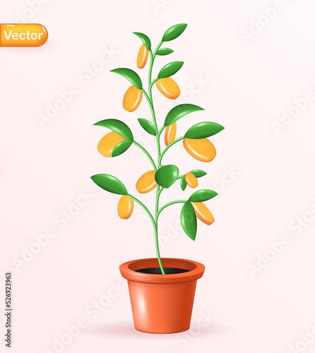 Realistic Money tree with coins. Finance and banks, savings and investments. Vector illustration.	