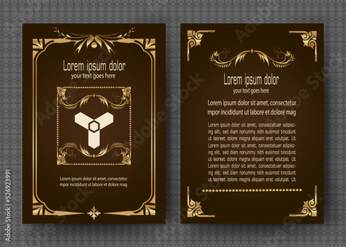 Gold vintage greeting card with brown background and shiny dots texture, luxury ornament template, ideal for invitations, flyers, menus, brochures, postcards, wallpapers, etc.