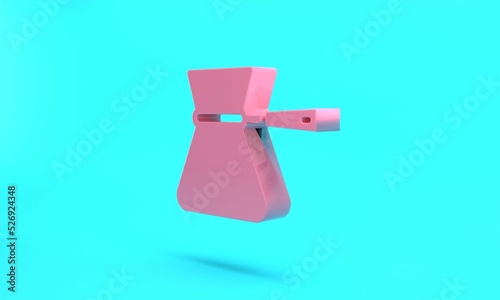 Pink Coffee turk icon isolated on turquoise blue background. Coffee cezve. Minimalism concept. 3D render illustration