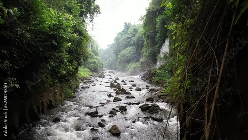 Fly through narrow place of forested ravine, waterfall splashing down to small river with stony water course, water spray in air. Green tropical thickets on left and right sides, hanging plants around photo