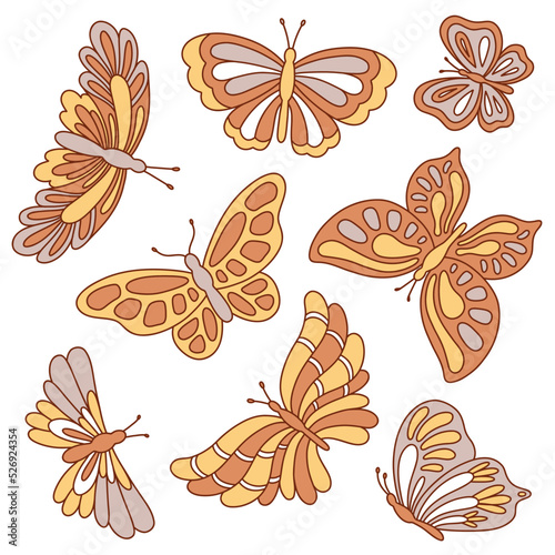 Boho retro groovy butterflies vector set. Illustration for boho poster  card  t shirt print  sticker.