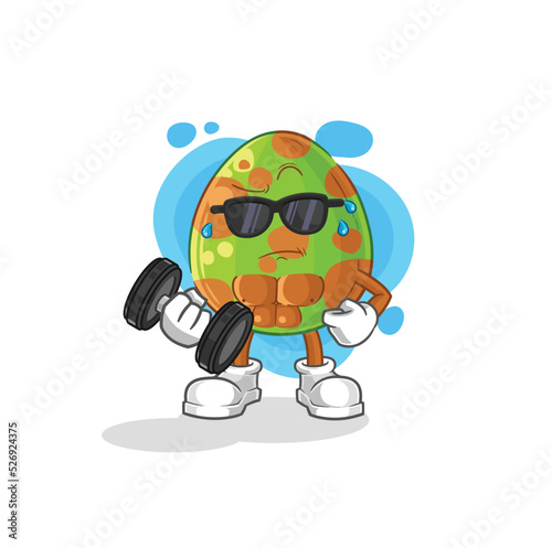 dinosaur egg lifting dumbbell vector. cartoon character