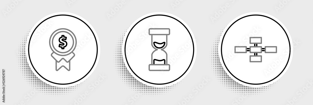 Set line Business hierarchy organogram chart infographics, Reward for good work and Old hourglass with flowing sand icon. Vector Set line Business hierarchy organogram chart infographics, Reward for good work and Old hourglass with flowing sand icon. Vector