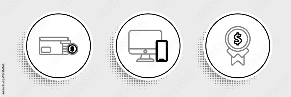 Set line Reward for good work, Envelope with coin dollar symbol and Computer monitor and mobile phone icon. Vector Set line Reward for good work, Envelope with coin dollar symbol and Computer monitor and mobile phone icon. Vector