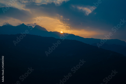 Sunrise view of Tehri mountains. Scenery sunrise over Tehri Lake, Uttarakhand. Tehri Dam, the tallest dam in India and Tehri dam is Asia's largest man-made lake. © H K Singh