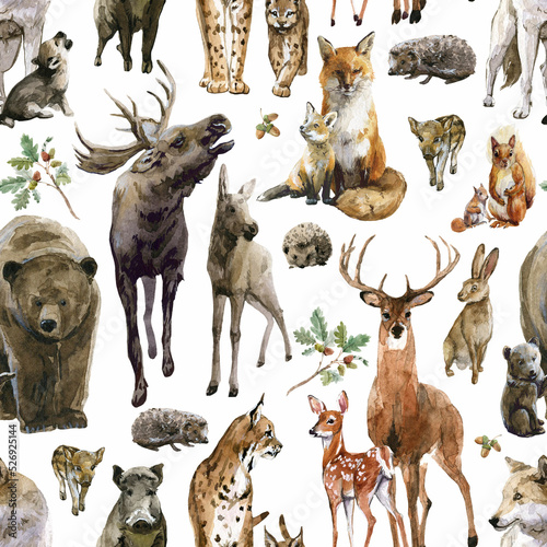 Foto Beautiful seamless pattern with watercolor hand drawn forest wild deer elk lynx fox wolf snake rabbit squirrel animals with babies