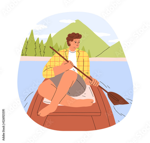 Man rowing with paddle, relaxing in wood boat in river. Relaxation on lake, i...