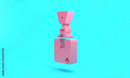 Pink Crane with carton cardboard box icon isolated on turquoise blue background. Crane lifts a container with cargo. Minimalism concept. 3D render illustration
