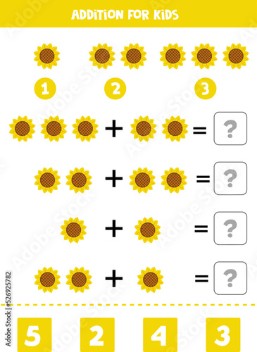 Addition for kids with cute hand drawn yellow sun flower.