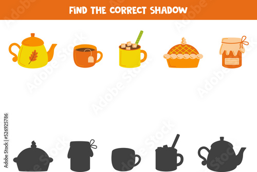 Find the correct shadows of cute autumn elements. Logical puzzle for kids.