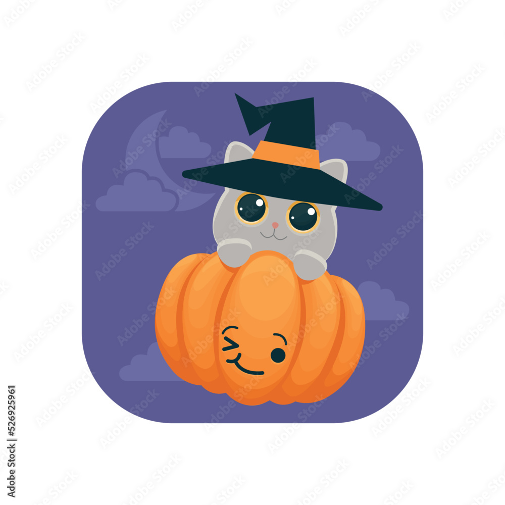 Vector icon with a gray kitten in a witch hat. Stylish and cute Halloween decoration