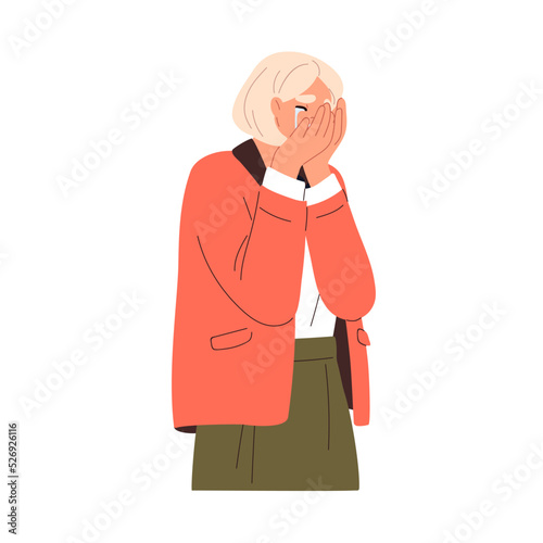 Woman in grief and despair, crying, weeping. Upset unhappy anguish person shedding tears, covering face with palms hands in sorrow. Flat graphic vector illustration isolated on white background