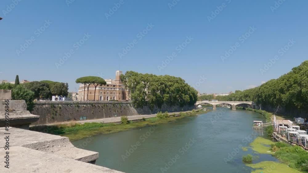 View from the pedestrian bridge Ponte Sant Angelo to the river Tiber in Rome, Italy View from the pedestrian bridge Ponte Sant Angelo to the river Tiber in Rome, Italy