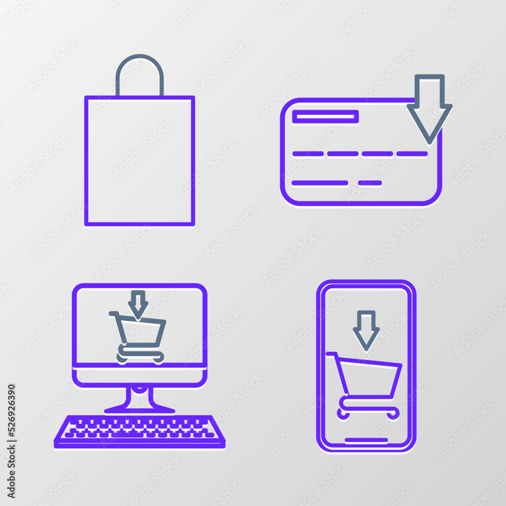Set line Mobile phone and shopping cart, Shopping screen computer, Credit card and Paper bag icon. Vector